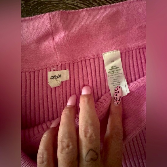 Aerie Gotta Jet High Waisted Wide Leg Ribbed Pink Sweater Pants Size L - Picture 3 of 6